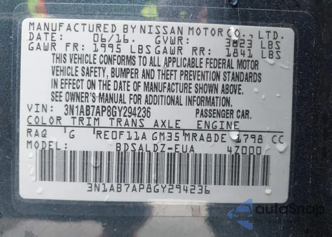 2016 Nissan Sentra Sv from USA, damaged, VIN 3N1AB7AP8GY294236
